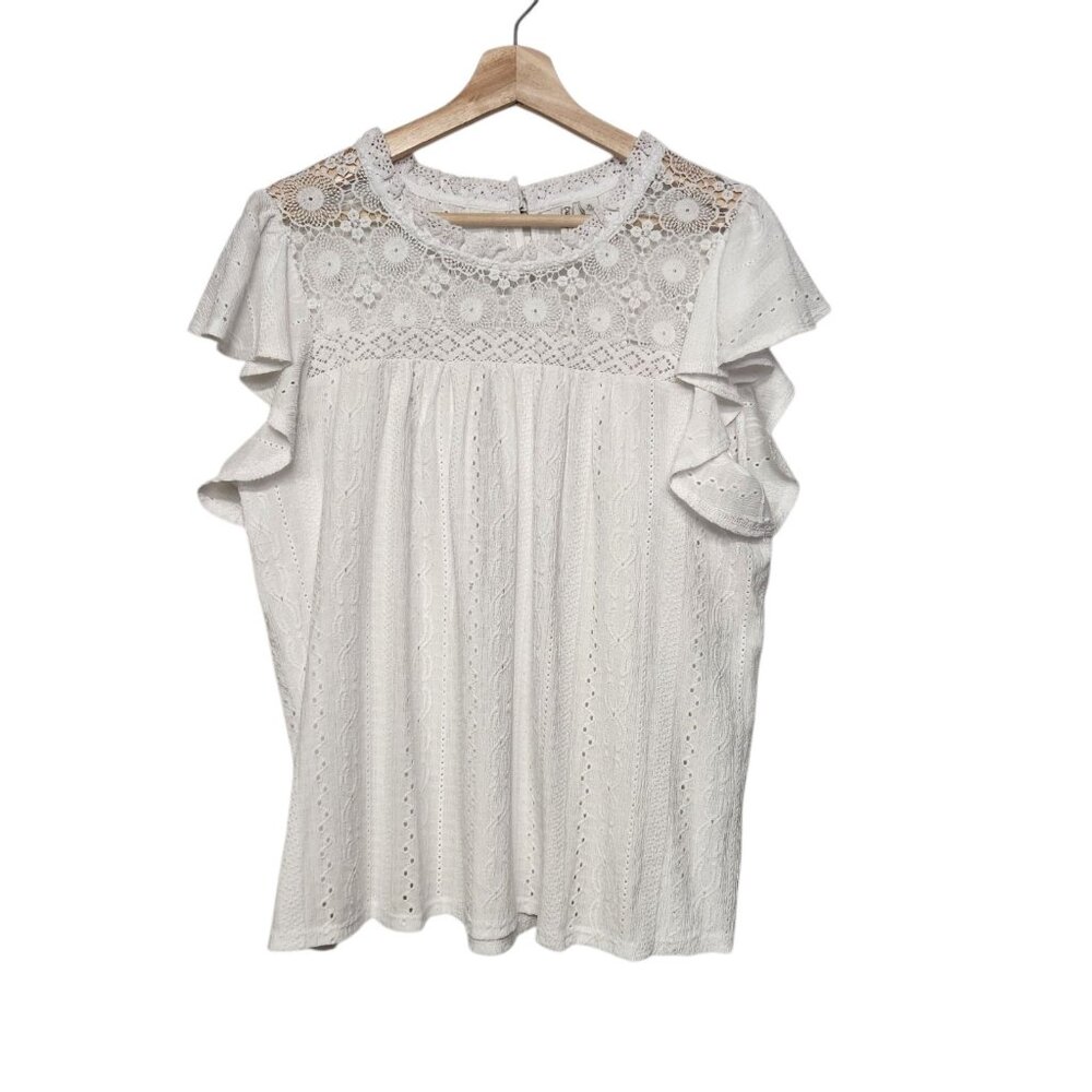 Cato Size XL Blouse Short Flutter Sleeve Eyelet Crochet White Cottage Coastal